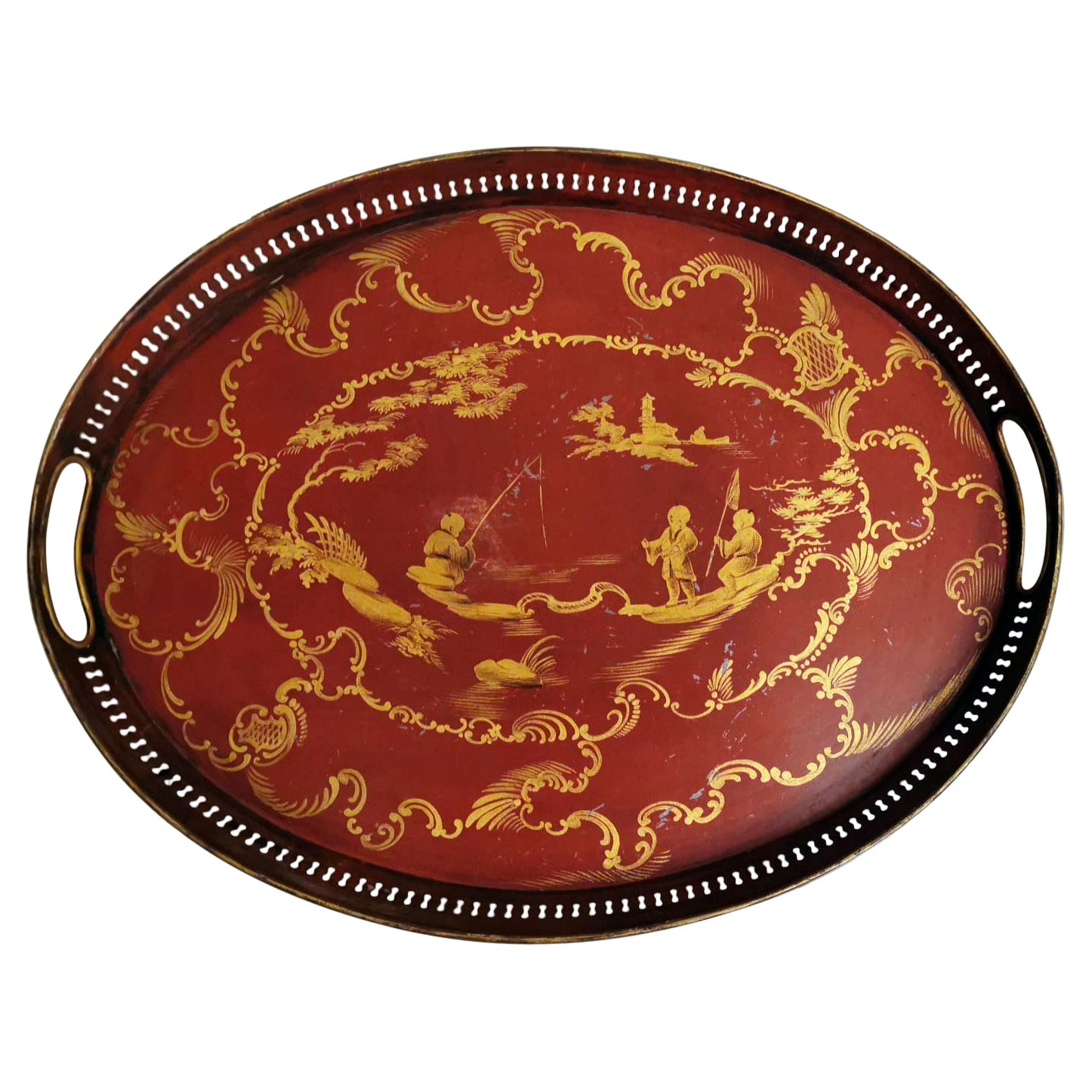 French Tray Napoleon III Style in Metal Hand Painted with Gold Paint
