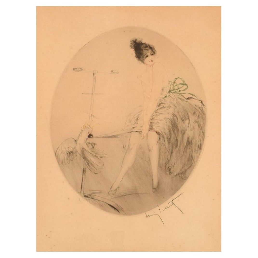 Gravure sur papier de Louis Icart, Jeune femme avec Cockatoo, années 1930