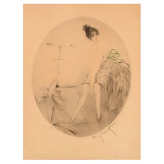 Louis Icart, Etching on Paper, Young Woman with Cockatoo, 1930s