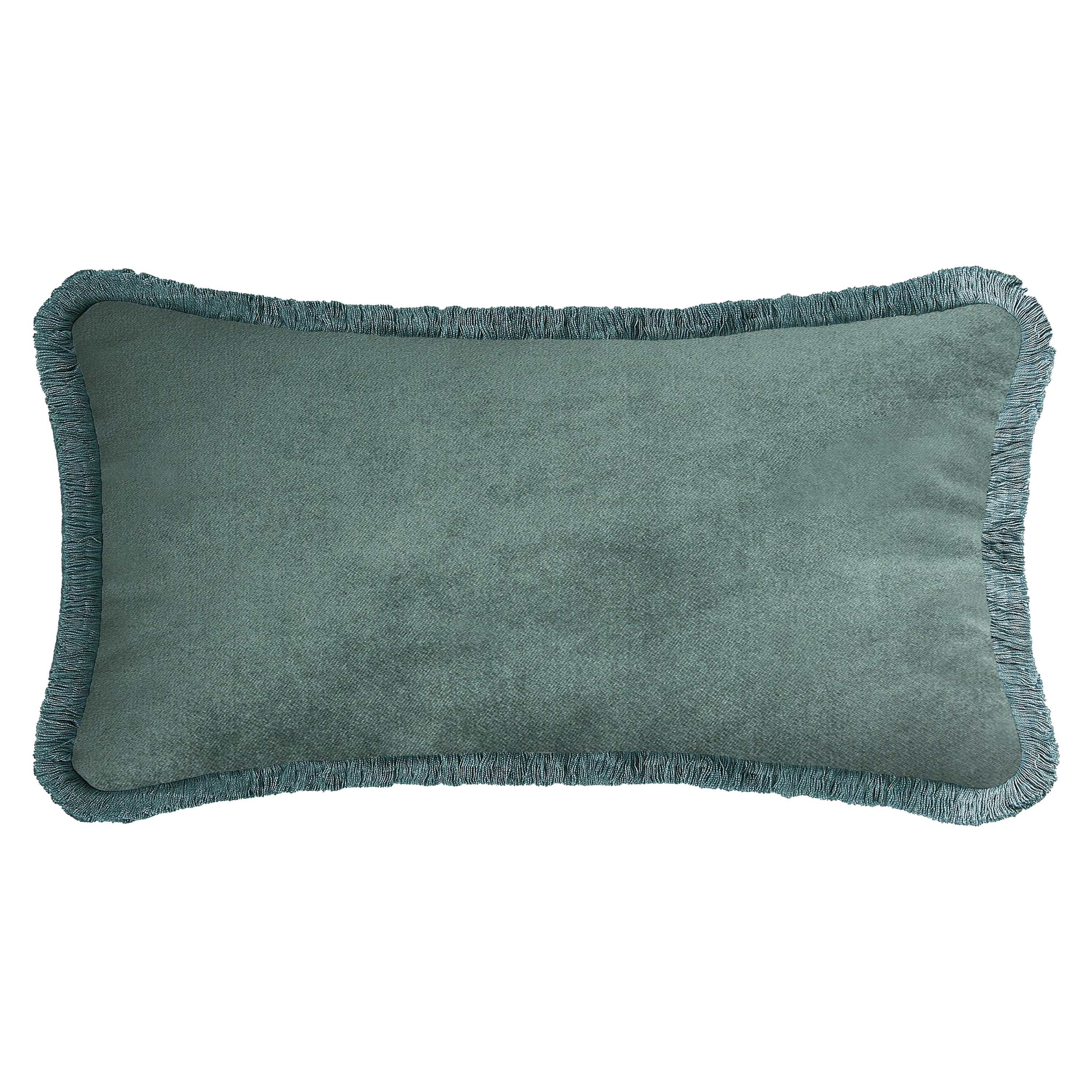 Happy Pillow Rectangle Teal Velvet with Teal Fringes For Sale