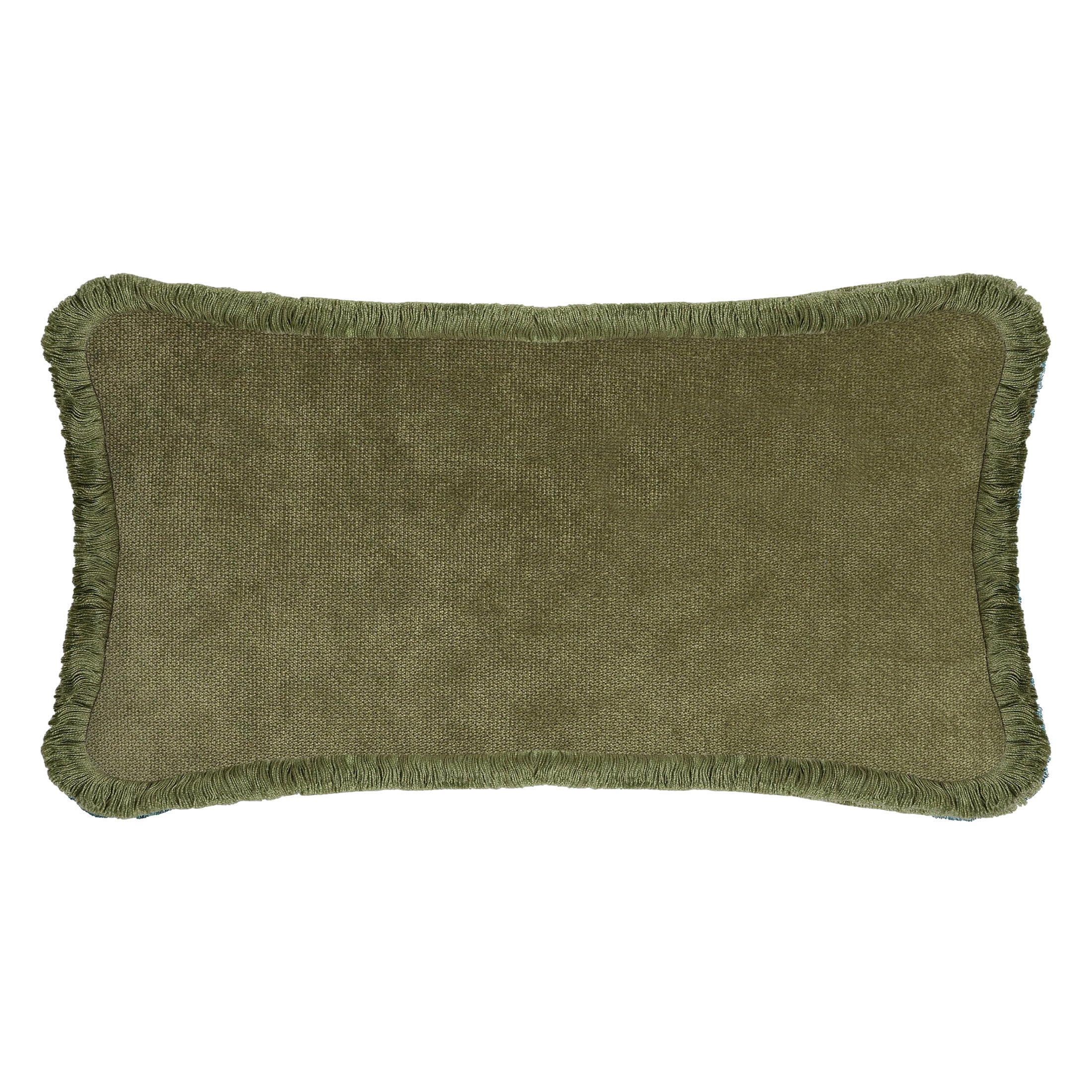 Happy Pillow Rectangle Green Velvet with Green Fringes For Sale