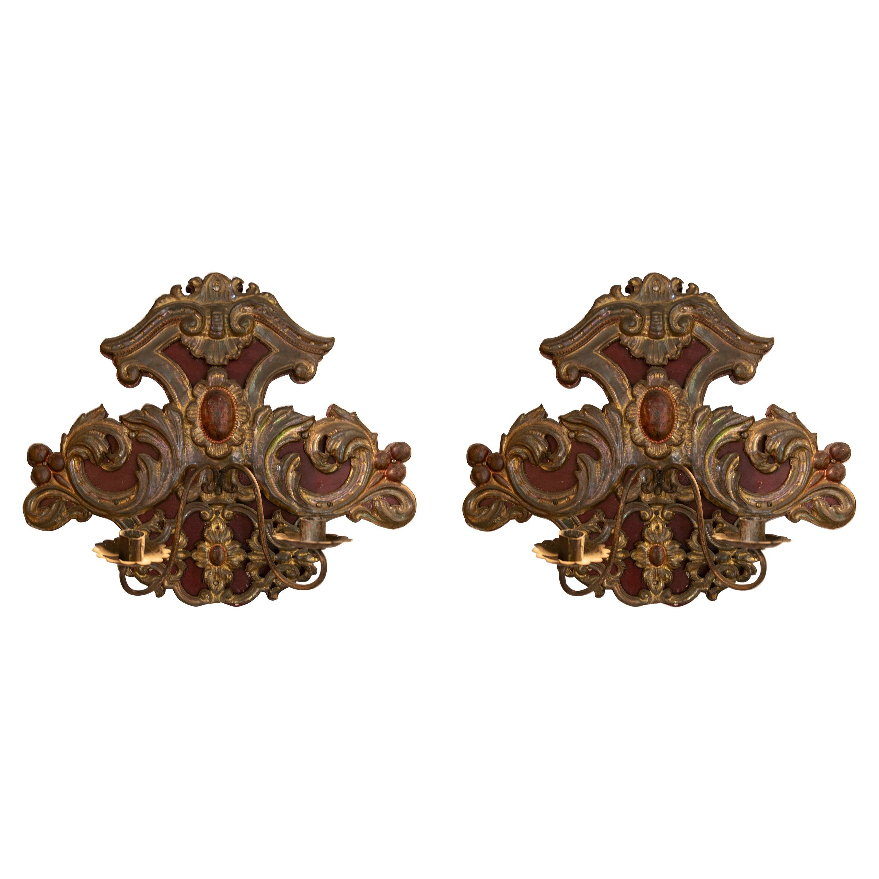 19th Century Mexican Pair of polychromed Wood and Metal Wall Sconces