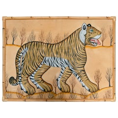 1980s Indian Hand Painted Tiger Painting with Bamboo Frame