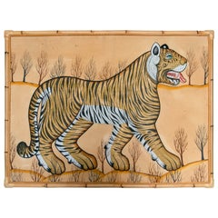 Peinture indienne de tigre peinte à la main des années 1980 avec cadre en bambou