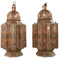 Moroccan Pair of Metal Ceiling and Floor Lamps with Crystals