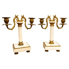 19th Century French Pair of White Marble and Gilded Bronze Candlesticks