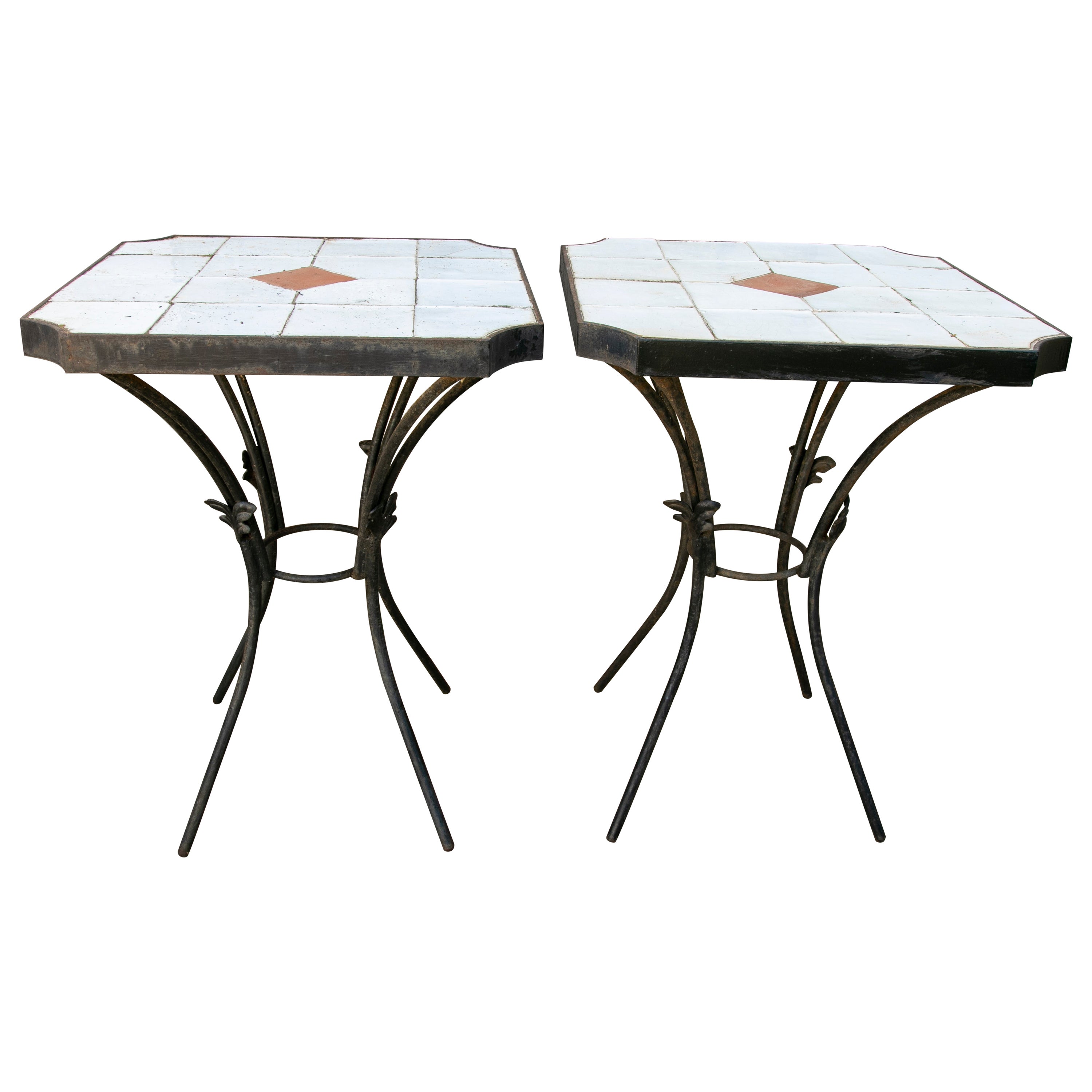 1980s Pair of Tables with Iron Base and Geometrical Tiles on Top