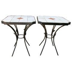 1980s Pair of Tables with Iron Base and Geometrical Tiles on Top