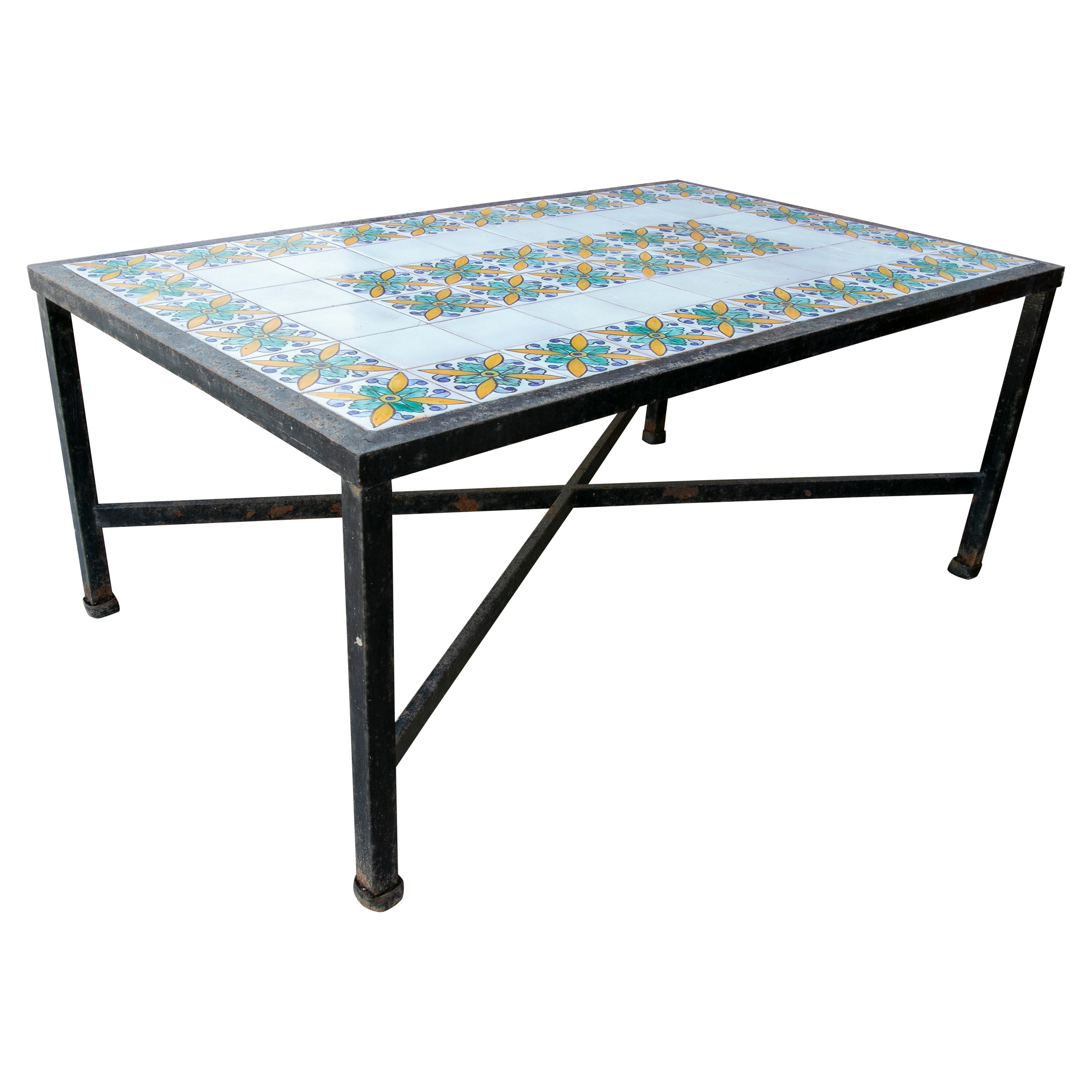 1980s Table with Iron Base and Geometrical Tiles on Top