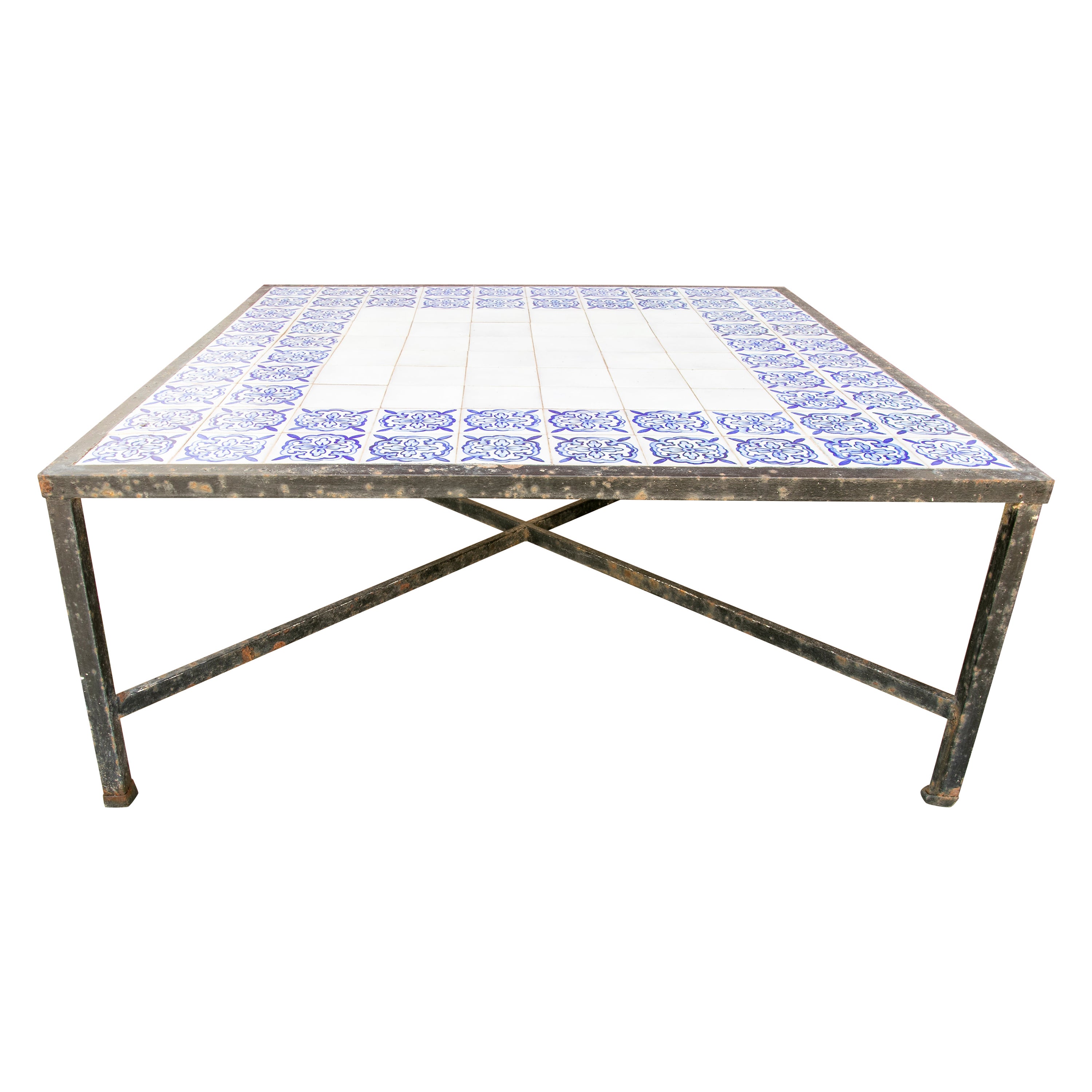 1980s Table with Iron Base and Geometrical Tiles on Top  For Sale