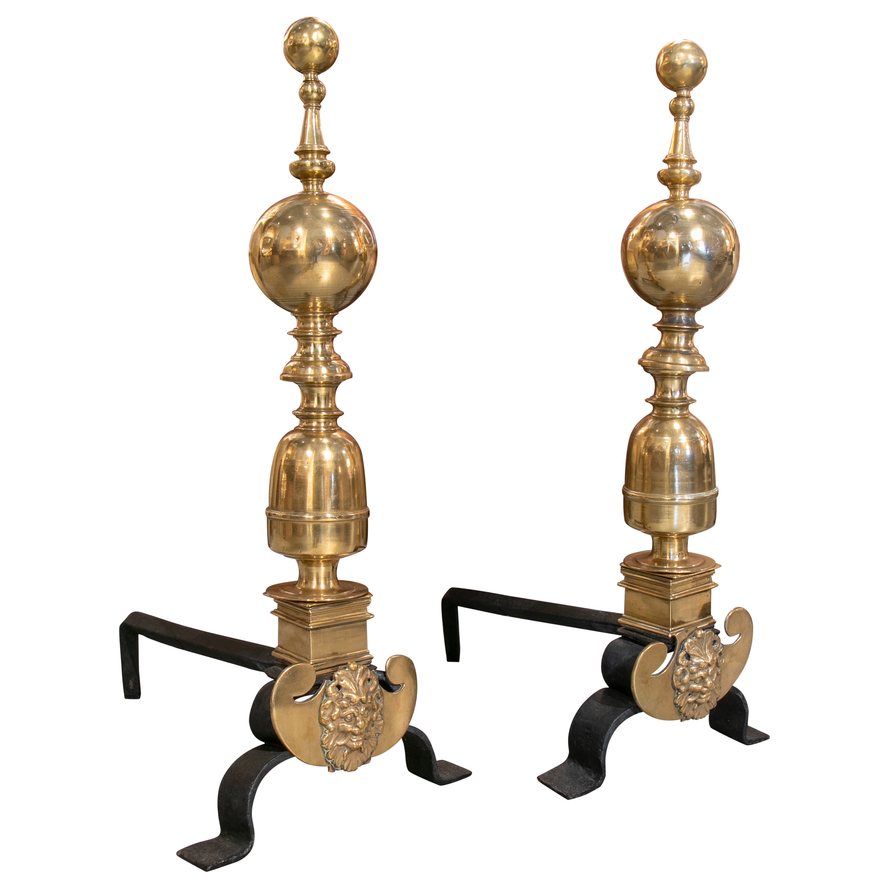 18th Century Pair of Gilded Bronze Moorings with Balls on Iron Feet