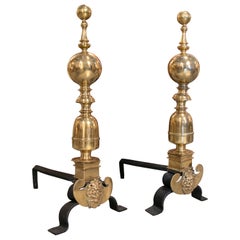 Antique 18th Century Pair of Gilded Bronze Moorings with Balls on Iron Feet