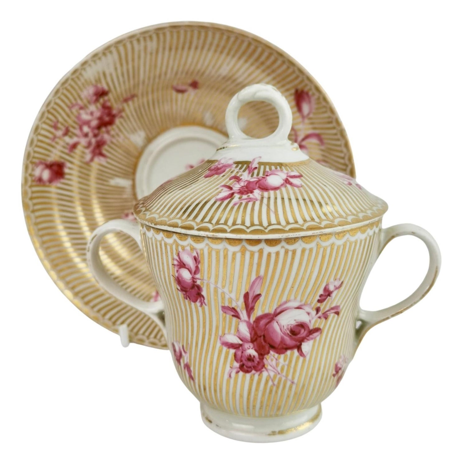 Chelsea-Derby Chocolate Cup Set, Gilt Stripes, Puce Flowers, Rococo 1770-1775 For Sale