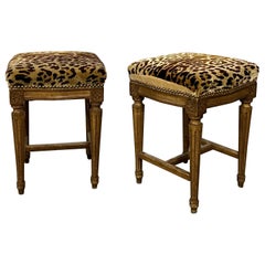 Pair of Louis XVI Style Foot Stools, Benches or Ottomans, Faux Leopard