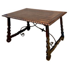 18th Century Refectory Spanish Table with Lyre Legs and Iron Stretcher