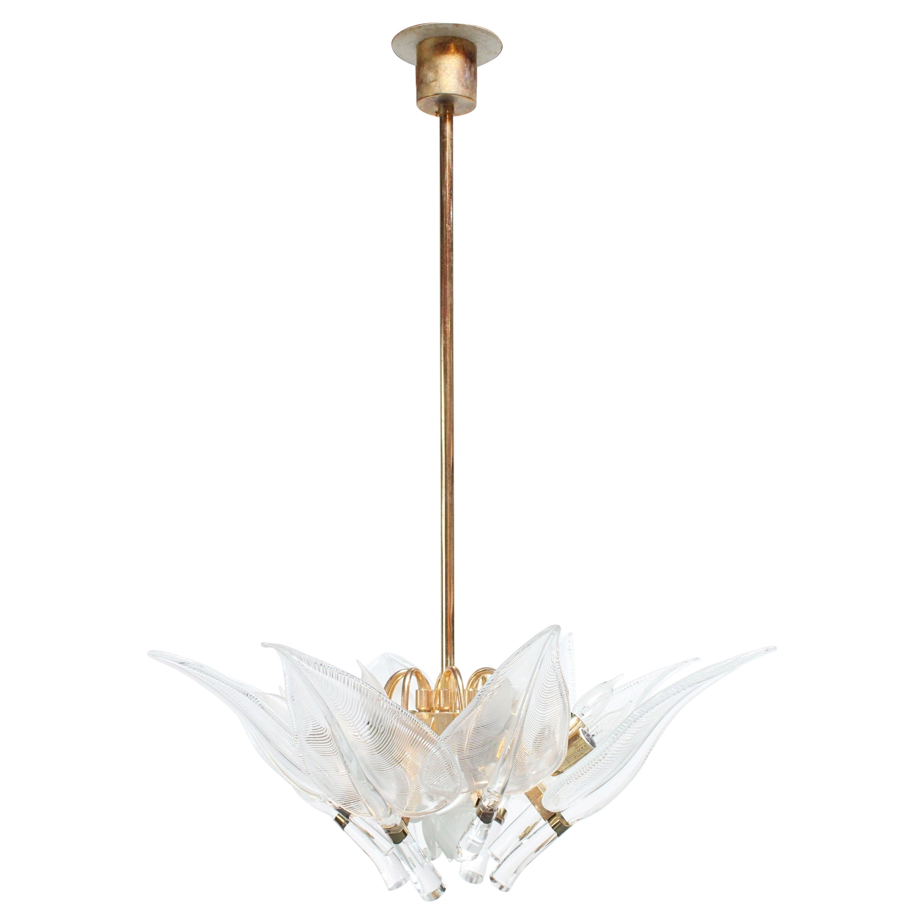 Mid-Century Italian Murano Glass and Brass "Lily Leaf" Chandelier by Franco Luce