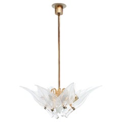 Vintage Mid-Century Italian Murano Glass and Brass "Lily Leaf" Chandelier by Franco Luce