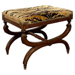 Hollywood Regency Style X Bench, Footstool, Faux Leopard Upholstery