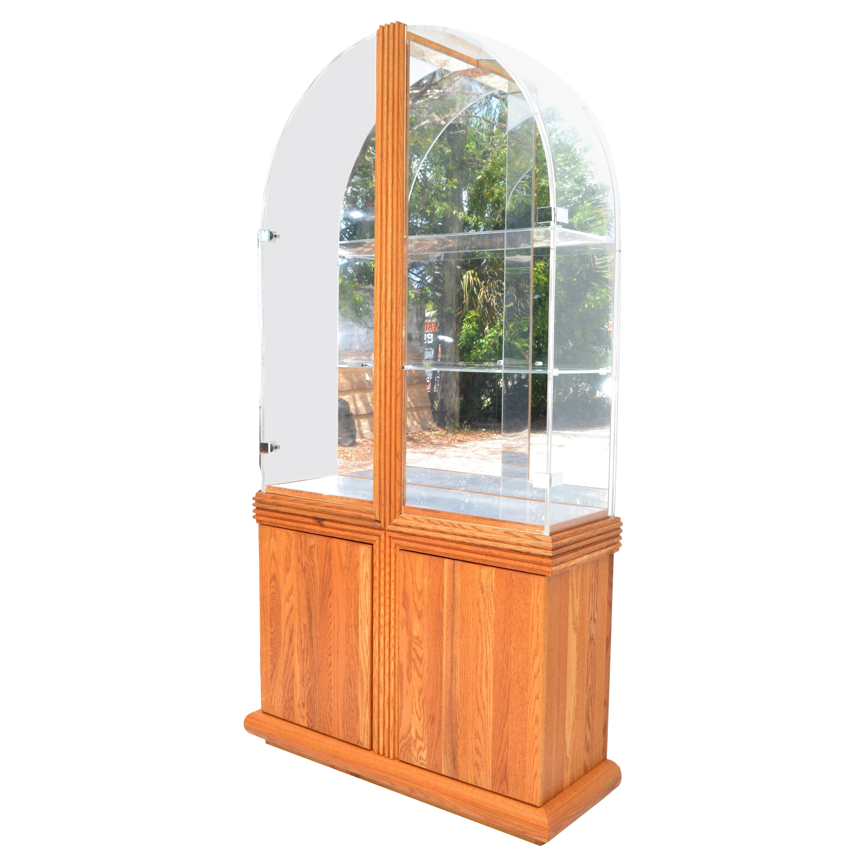American Arch Shape Lucite, Mirror & Oak Wood Vitrine, Showcase, Display Cabinet