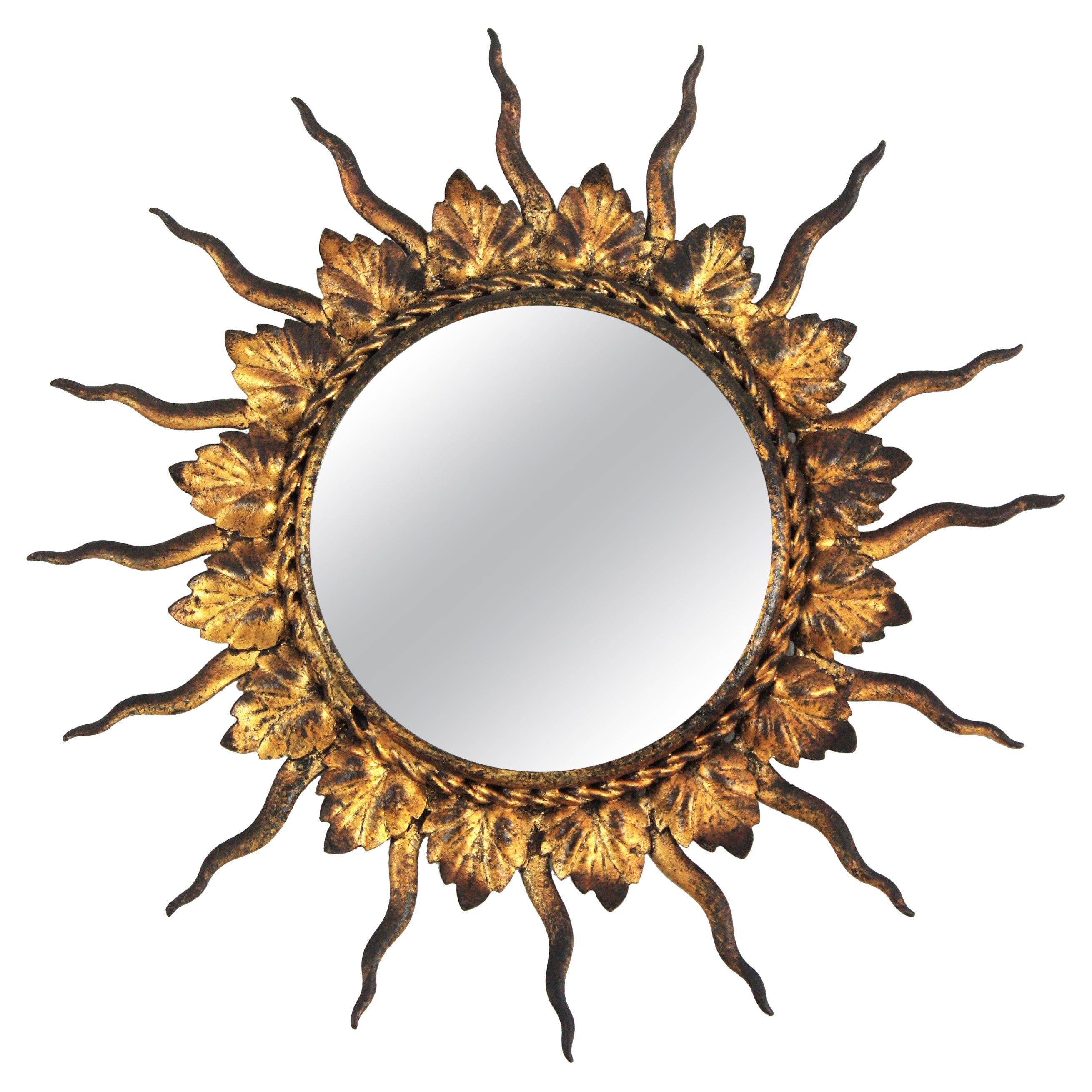 French Sunburst Mirror in Gilt Iron, Small Scale For Sale
