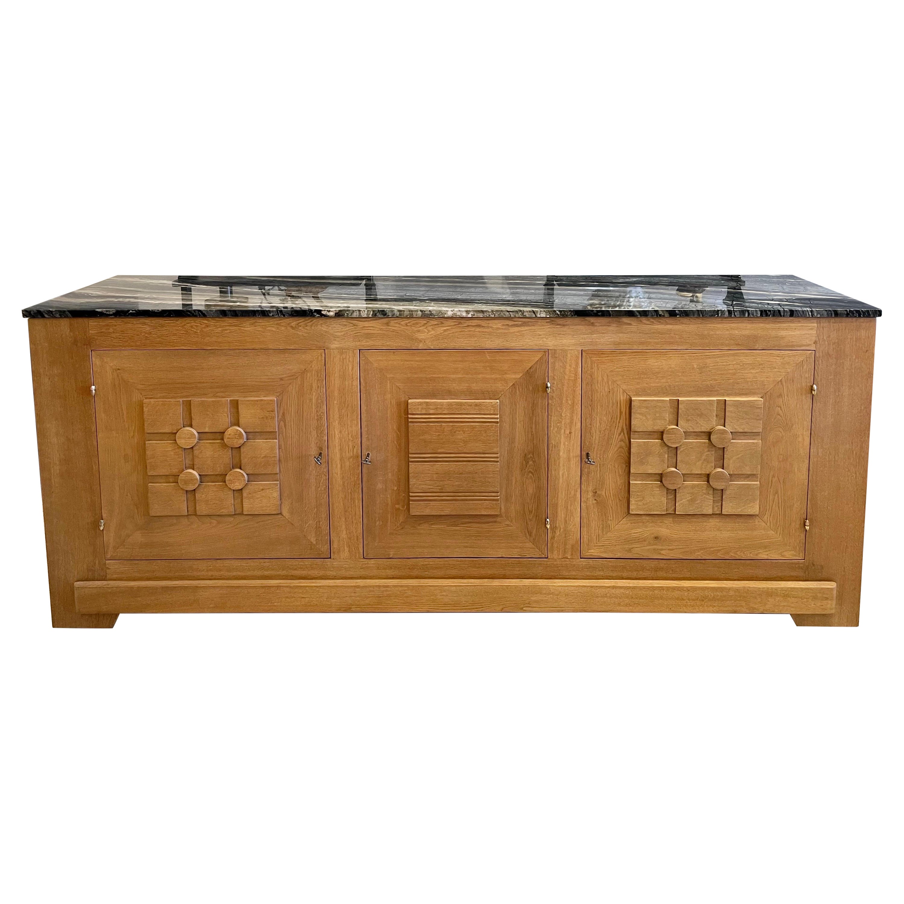French Oak Buffet W/ Geometric Details and Marble Top