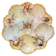 Antique French Hand-Painted Porcelain Oyster Plate Signed "Tressemanes & Vogt"