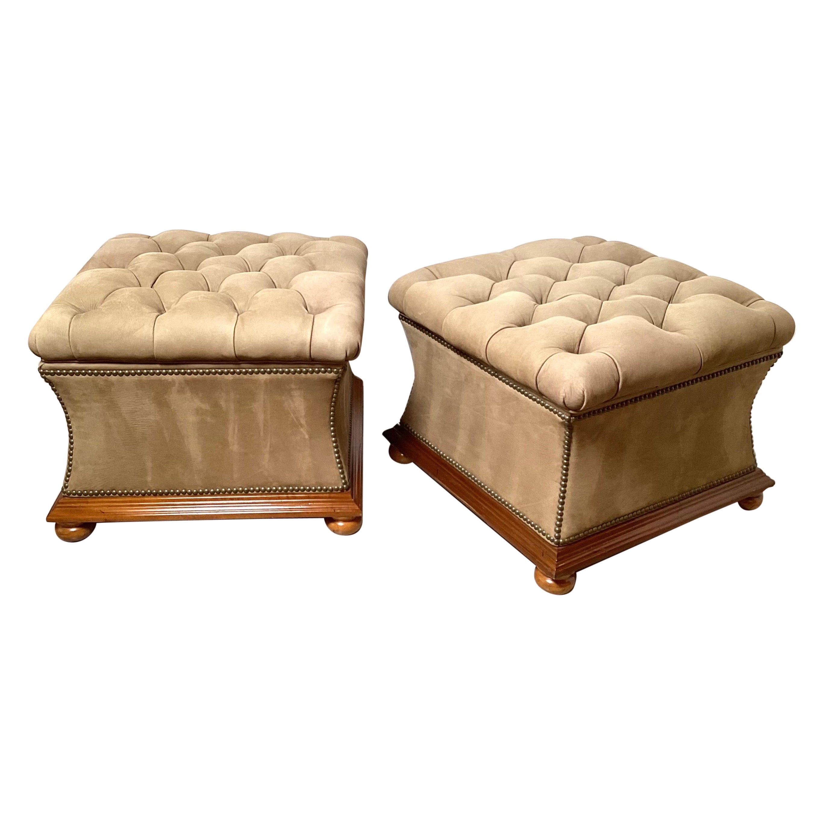Pair of Sueded Leather Tufted Storage Ottomans, in the Manner of Ralph Lauren