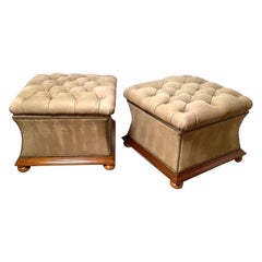 Retro Pair of Sueded Leather Tufted Storage Ottomans, in the Manner of Ralph Lauren