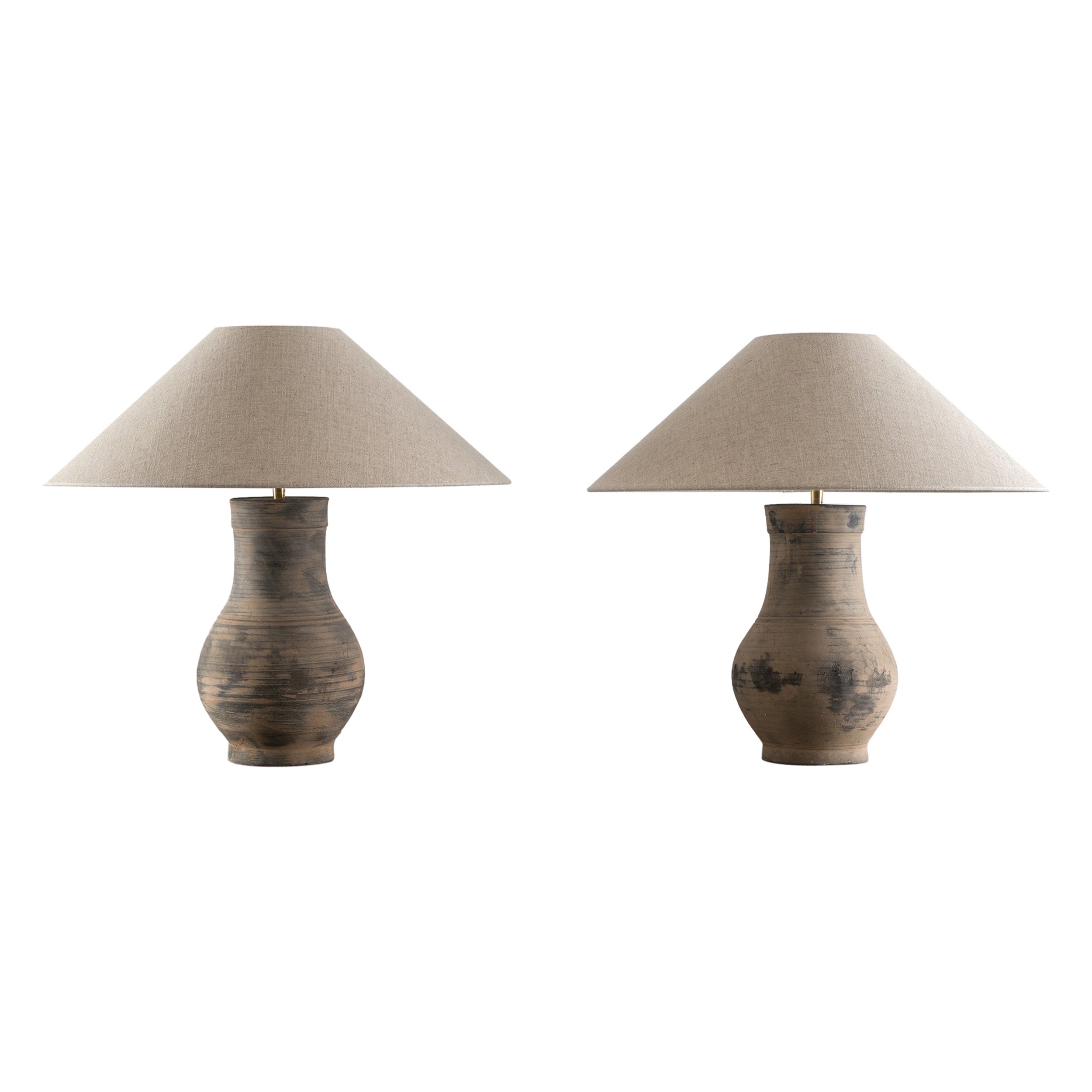 Near Pair of Chinese Han Lamps with Handmade Belgian Linen Shades