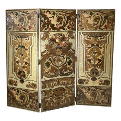 Antique Italian Hand Painted and Hand Tooled Three Panel Leather Screen