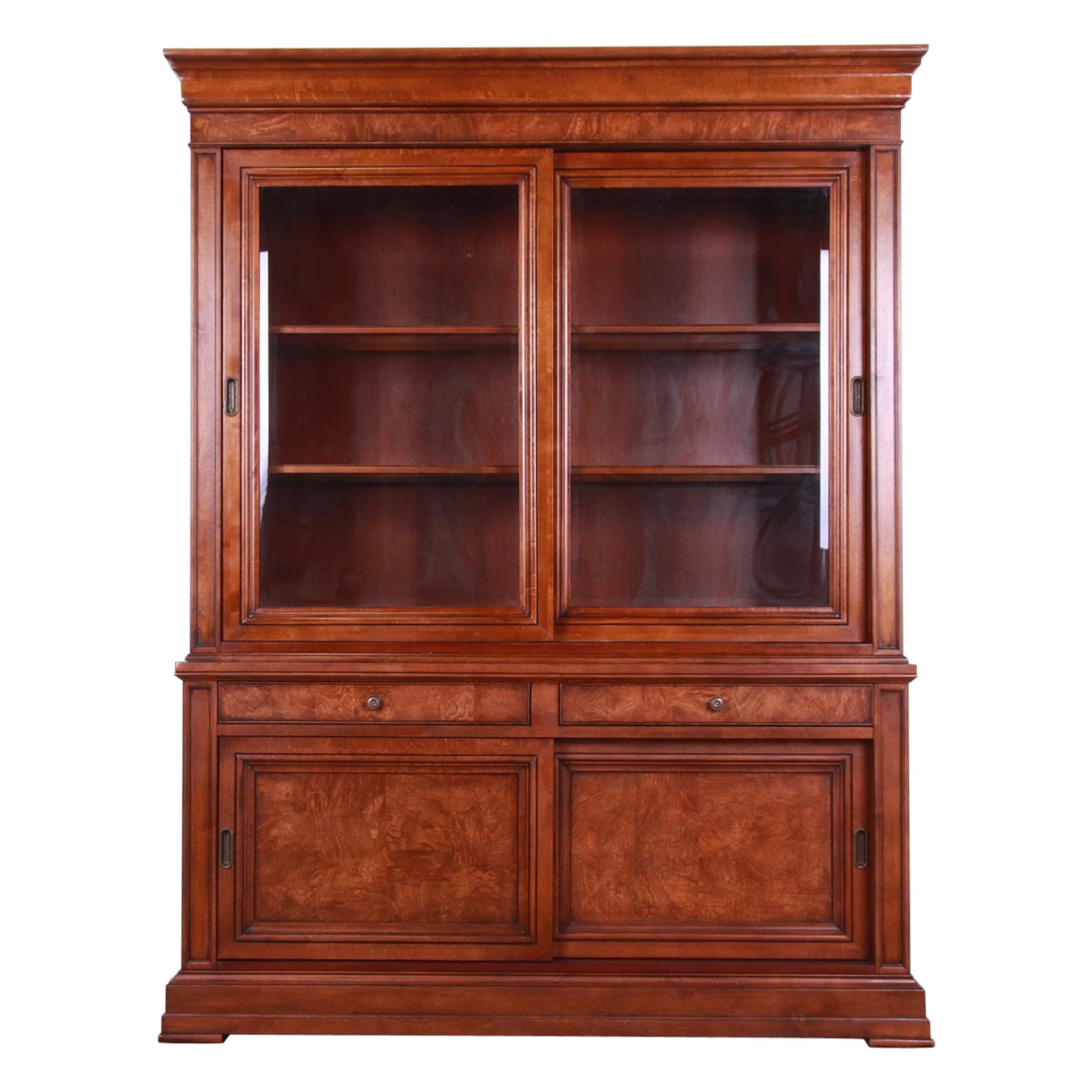 Ethan Allen French Louis Philippe Burl Wood Lighted Breakfront Bookcase Cabinet
