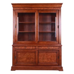 Ethan Allen French Louis Philippe Burl Wood Lighted Breakfront Bookcase Cabinet