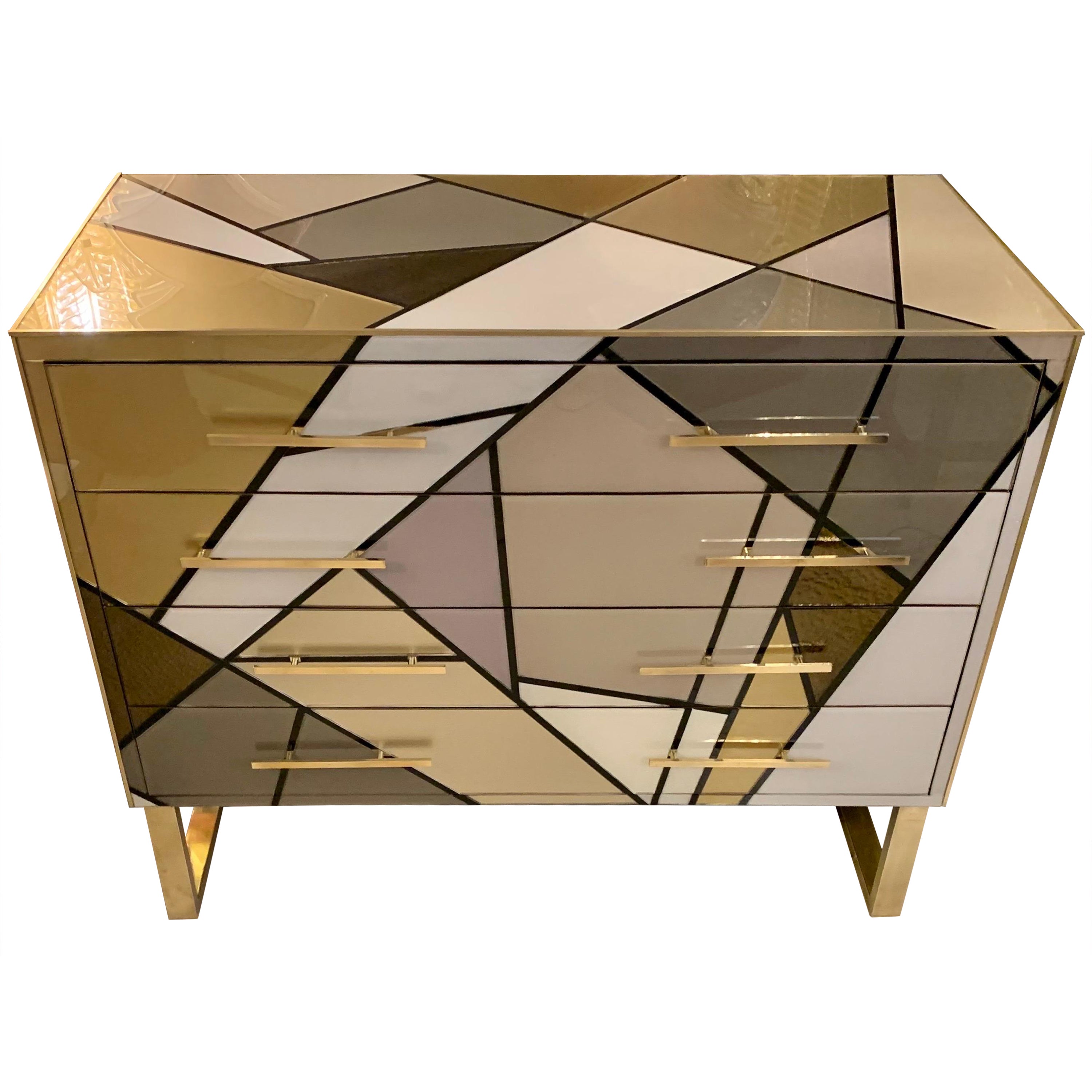 1980s Italian Multicolored Opaline Glass Chest of Drawers with Geometric Design For Sale