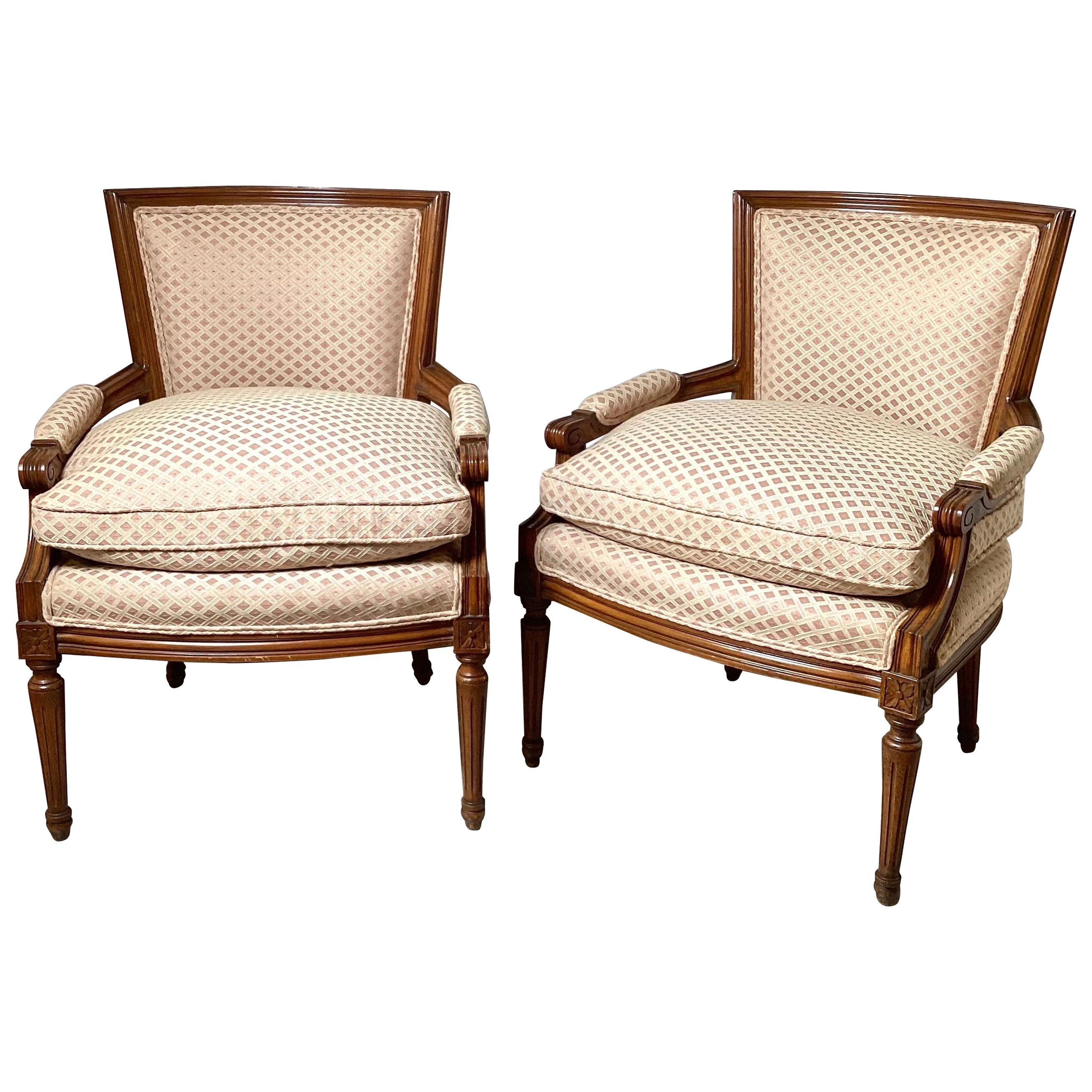 Pair of Walnut Louis XVI Style Continental Upholstered Chars 