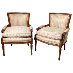 Pair of Walnut Louis XVI Style Continental Upholstered Chars 