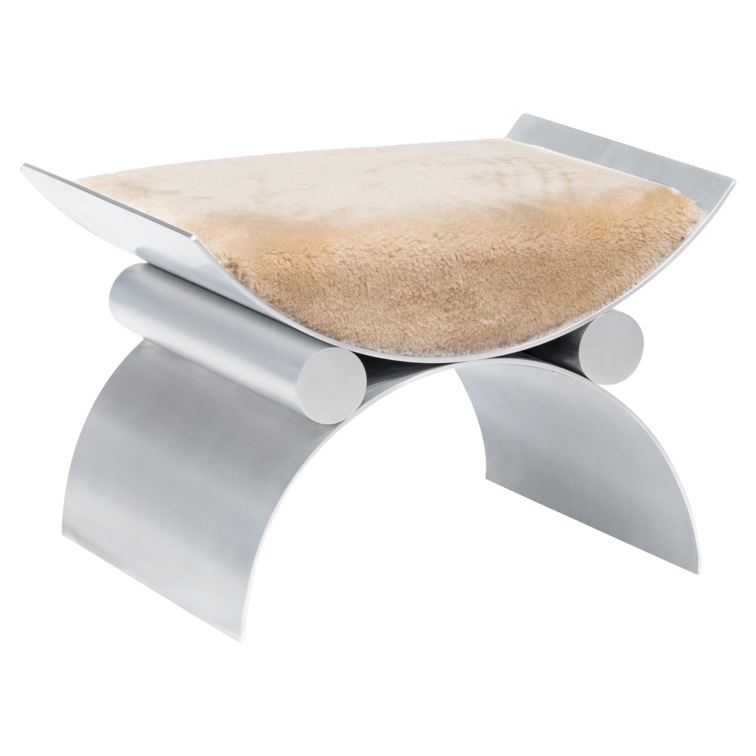 Polished Aluminum Magna Chair or Stool with Sheepskin Upholstery, Customizable