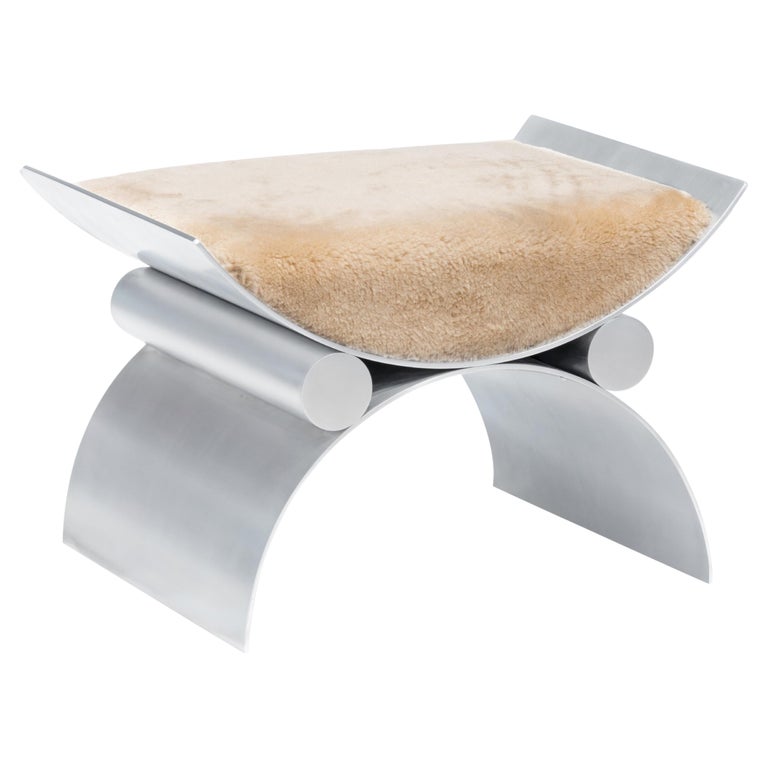 Polished Aluminum Magna Chair or Stool with Sheepskin Upholstery, Customizable For Sale