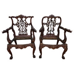 Irish Carved Mahogany Zoomorphic & Tree Back Georgian Pair of Armchairs, 19th C