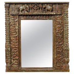 Antique Early 20th Century Wood Mirror W/Elephant & Foliage Motif Carvings, India