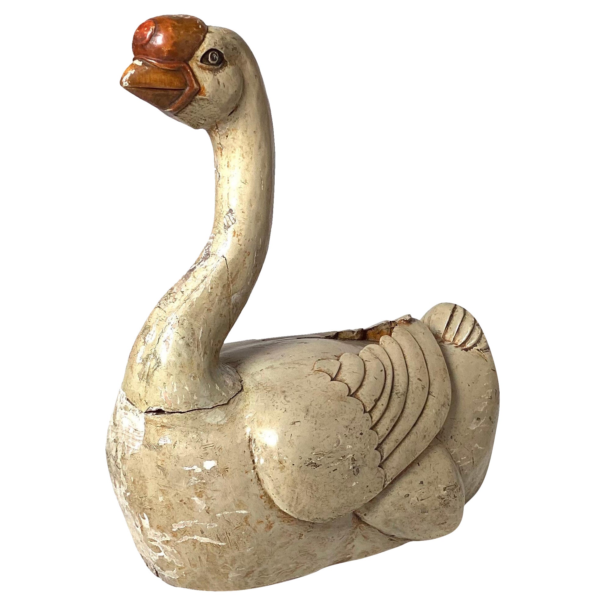 19th Century Carved Hardwood Painted Chinese Basal Knob Goose For Sale