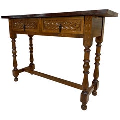 Early 20th Century Spanish Tuscan Console Table with Two Drawers and Turned Legs