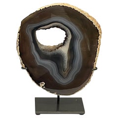 Antique Brown with Blue Rings and Hole Thin Slice Agate Sculpture, Brazil, Prehistoric