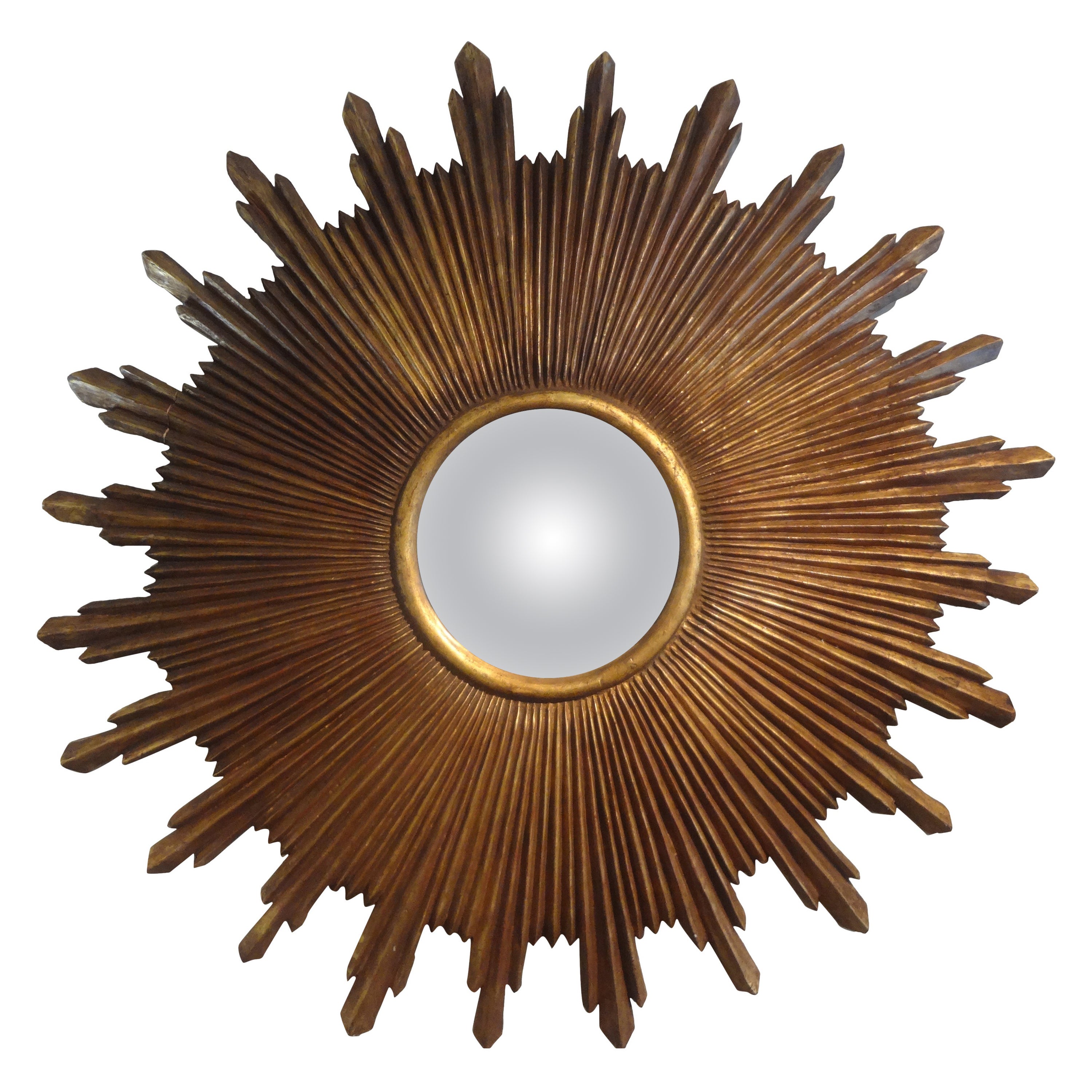 Large Scale Italian Carved Giltwood Sunburst Convex Mirror