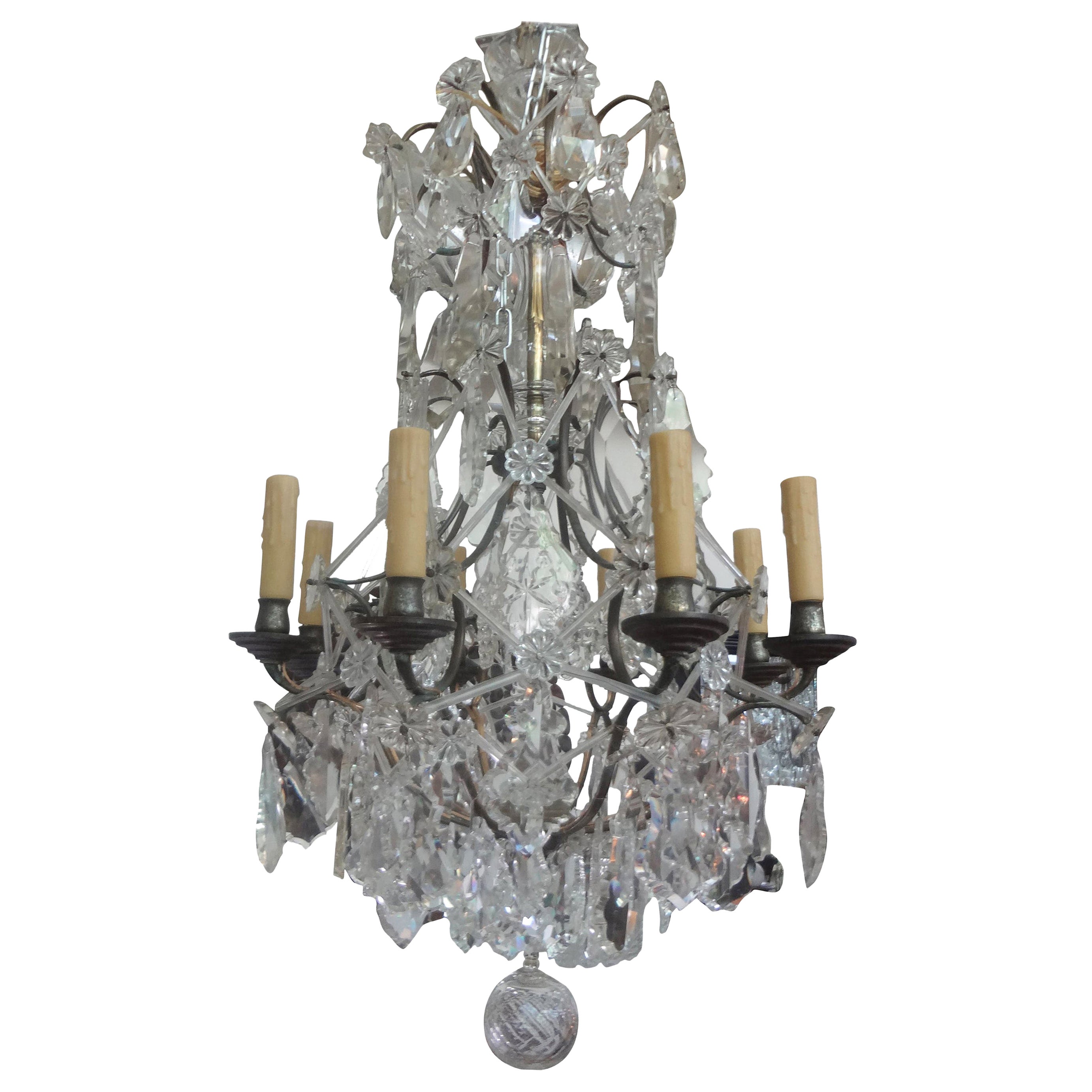 French Crystal and Bronze Chandelier Attributed to Maison Baguès