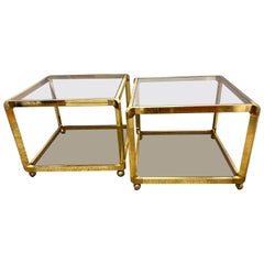 Mid-Century Modern Brass and Glass Rolling Square End Tables, Pair