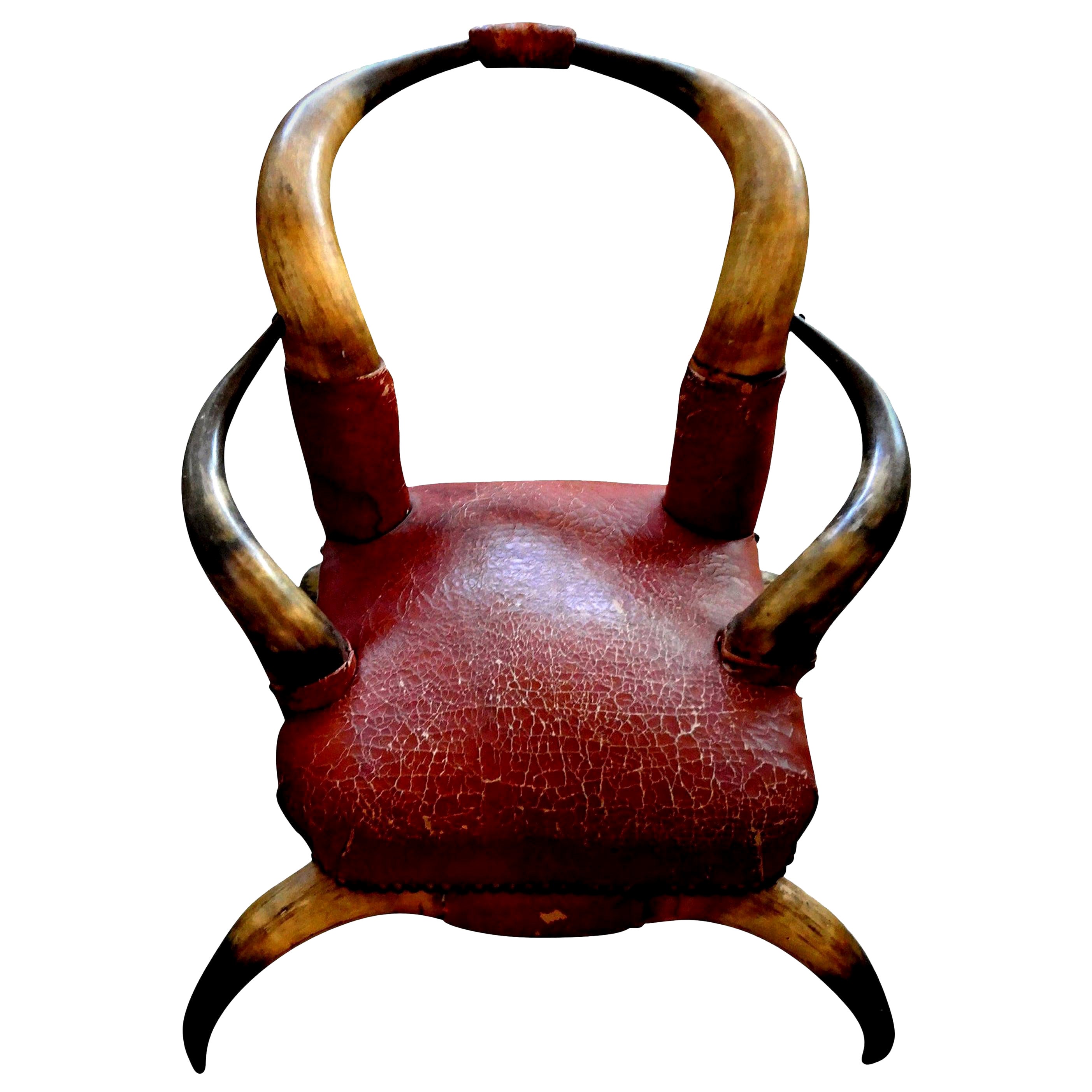 Antique Children's Horn Chair Upholstered in Leather For Sale