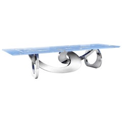 Onyx Blue Dining Table Sculpture Mirror Steel White Marble Inlay Customizable