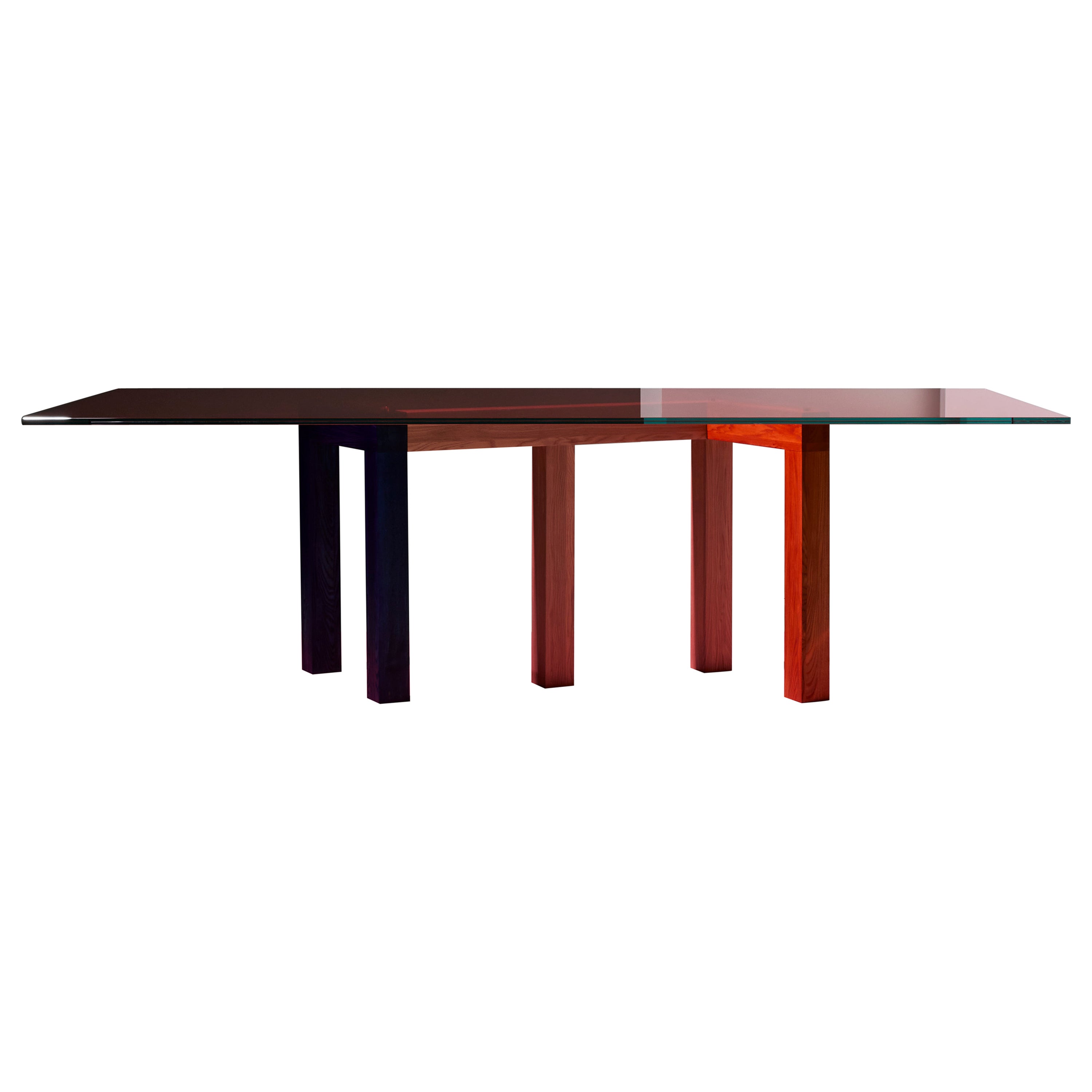 Penrose Dinner Table, Colored Legs, Pink Glass, by Hayo Gebauer for La Chance