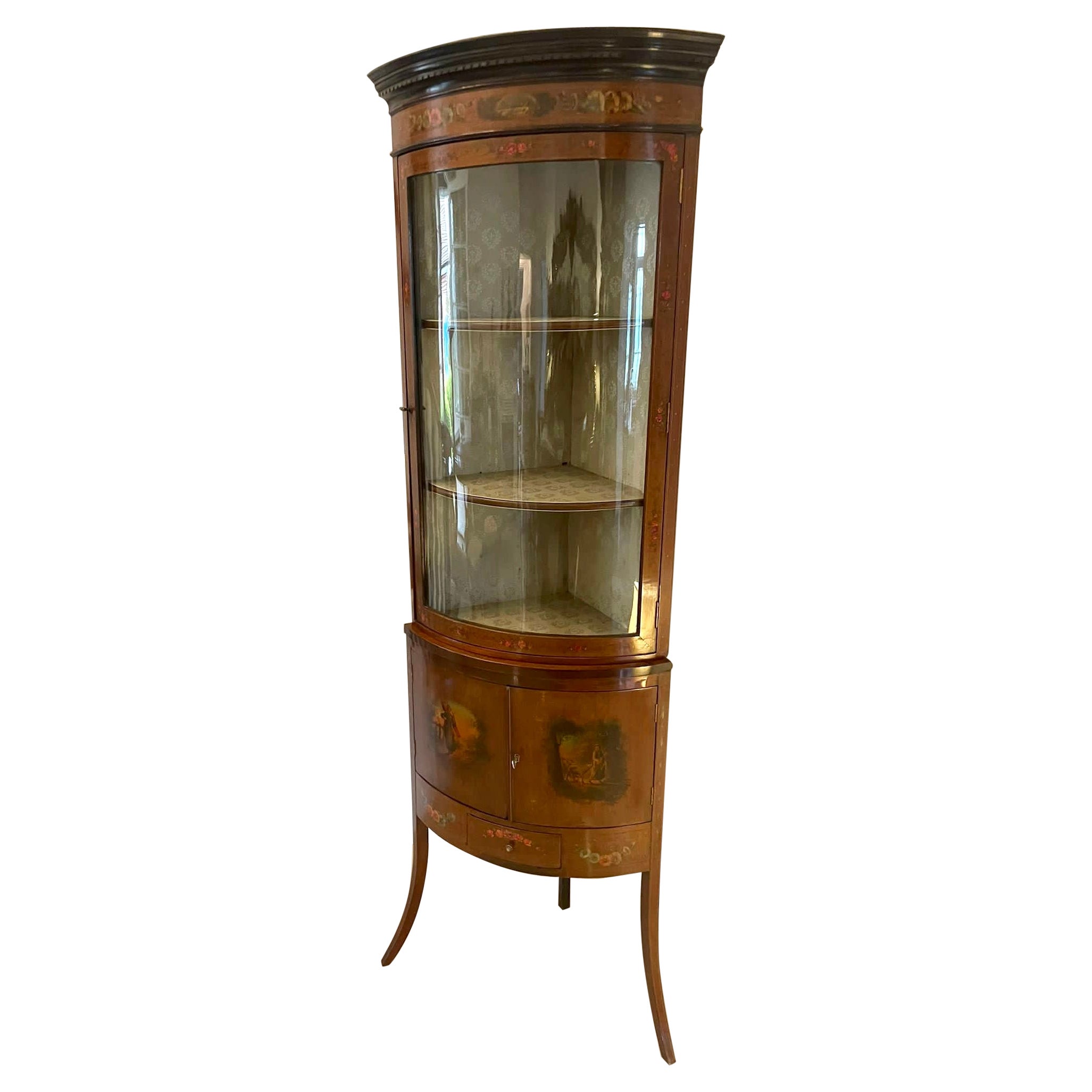 Antique Quality Mahogany & Painted Decorated Bow Fronted Corner Display Cabinet For Sale