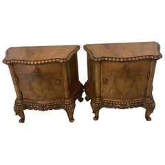 Outstanding Quality Pair of Antique Figured and Carved Walnut Bedside Cabinets